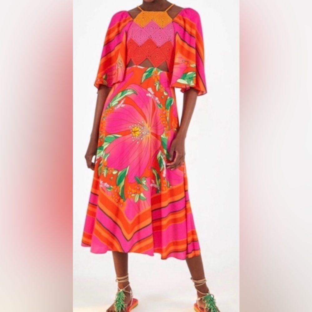 Farm Rio Pietra Crochet Top Dress Cutout Wrap Neck Tie Flowy Floral Bottom